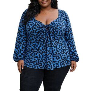Ava & Viv Plus Size 4X Top Blue Black Polka Dot Long Sleeve Blouse Bow Detail